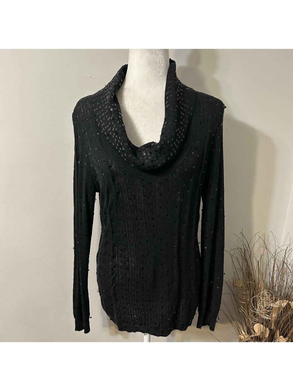 Reba Women Silk Blend Lightweight Sweater Black Sequins Cowl Neck Semi Sheer L